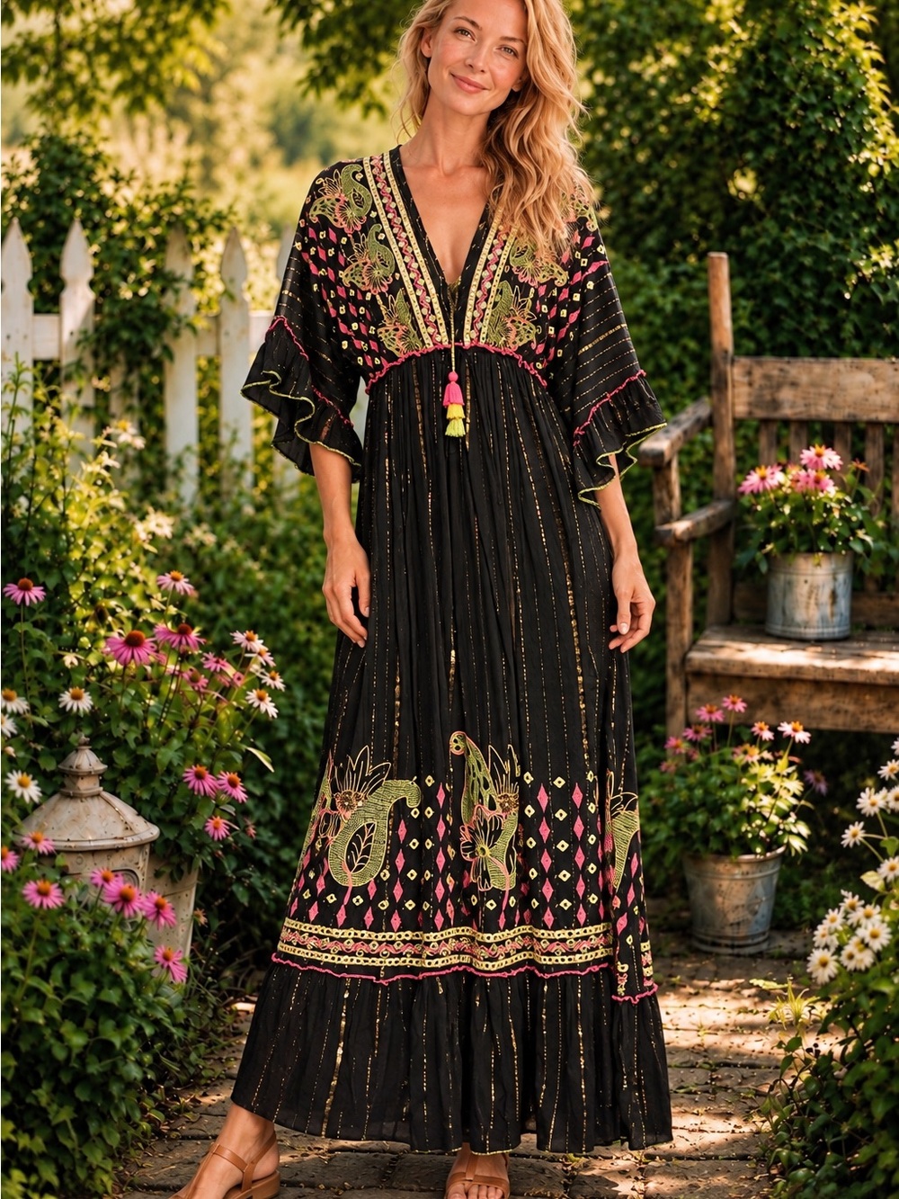 iBban Embroidered Mirrorwork Boho Maxi Dress Free Size NWT